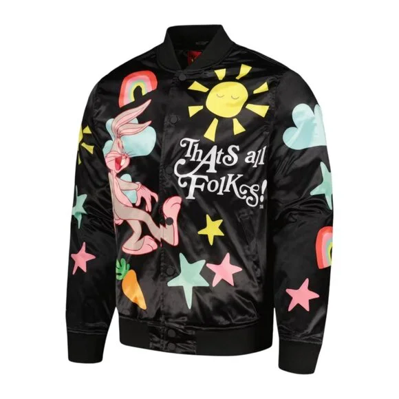 Looney Tunes Bugs Bunny Satin Snap Bomber Jacket Black Freeze Max Men's - Picture 2 of 3